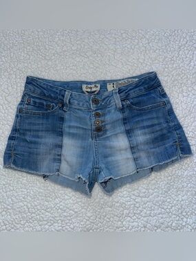 Low rise patchwork Y2K style button fly micro mini jean denim shorts festival 3